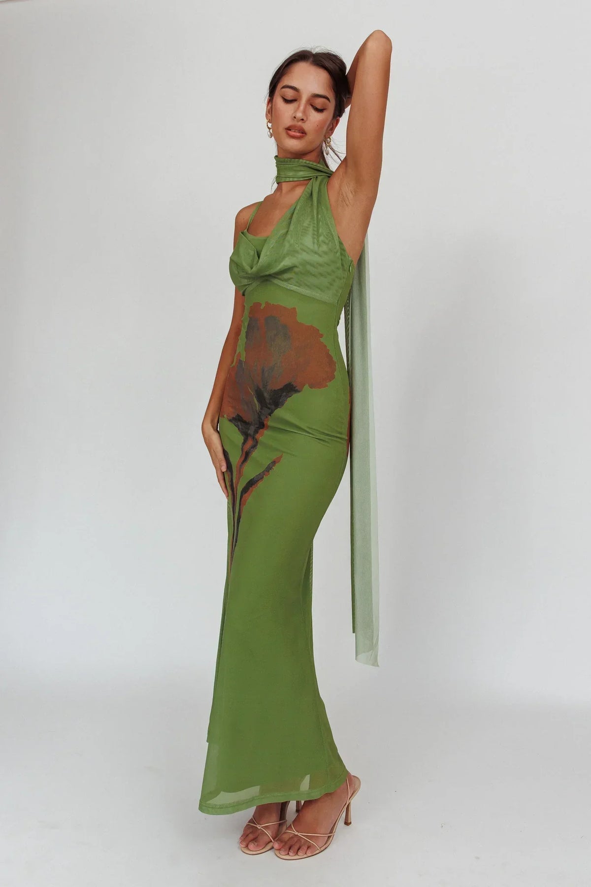 No Surprises Scarfed Floral Maxi Dress Green