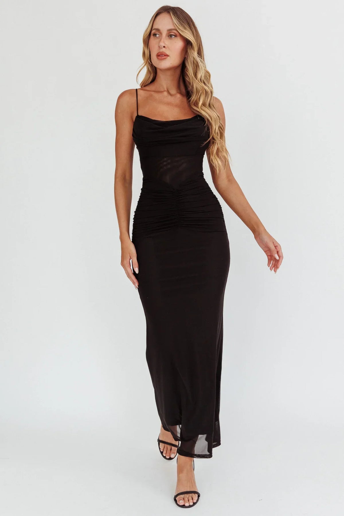 Morella Ruched Waist Mesh Maxi Dress Black