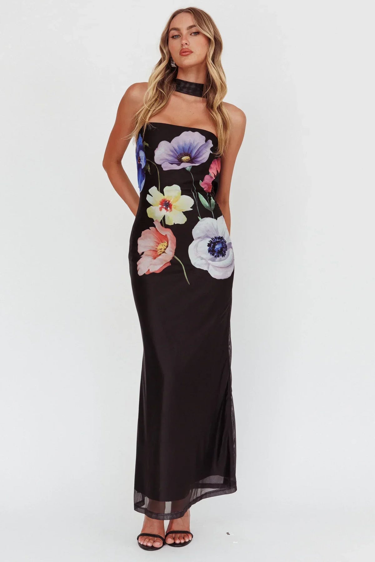 Damsel Reverse Halter Mesh Maxi Dress Flower Black