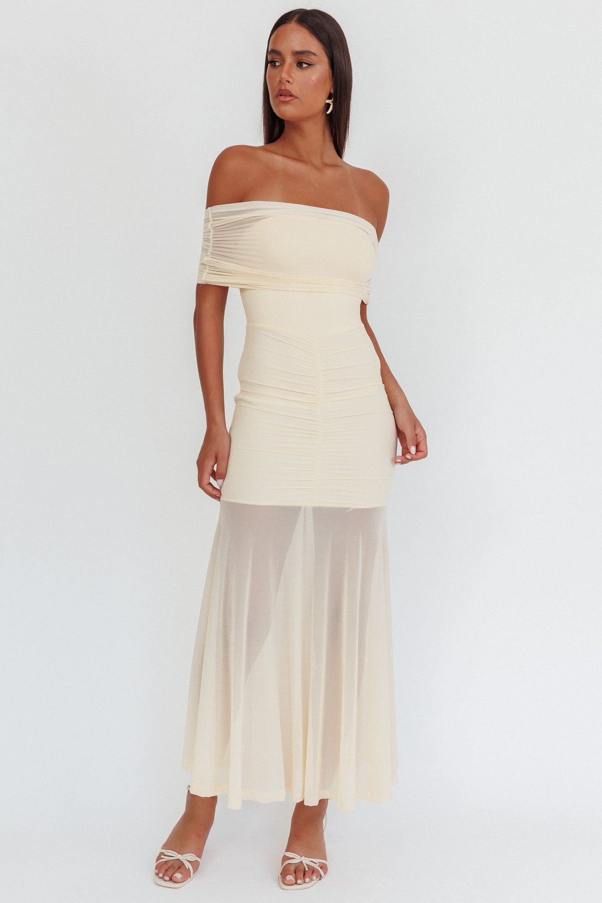 Clarita Sheer Ruched Maxi Dress Cream