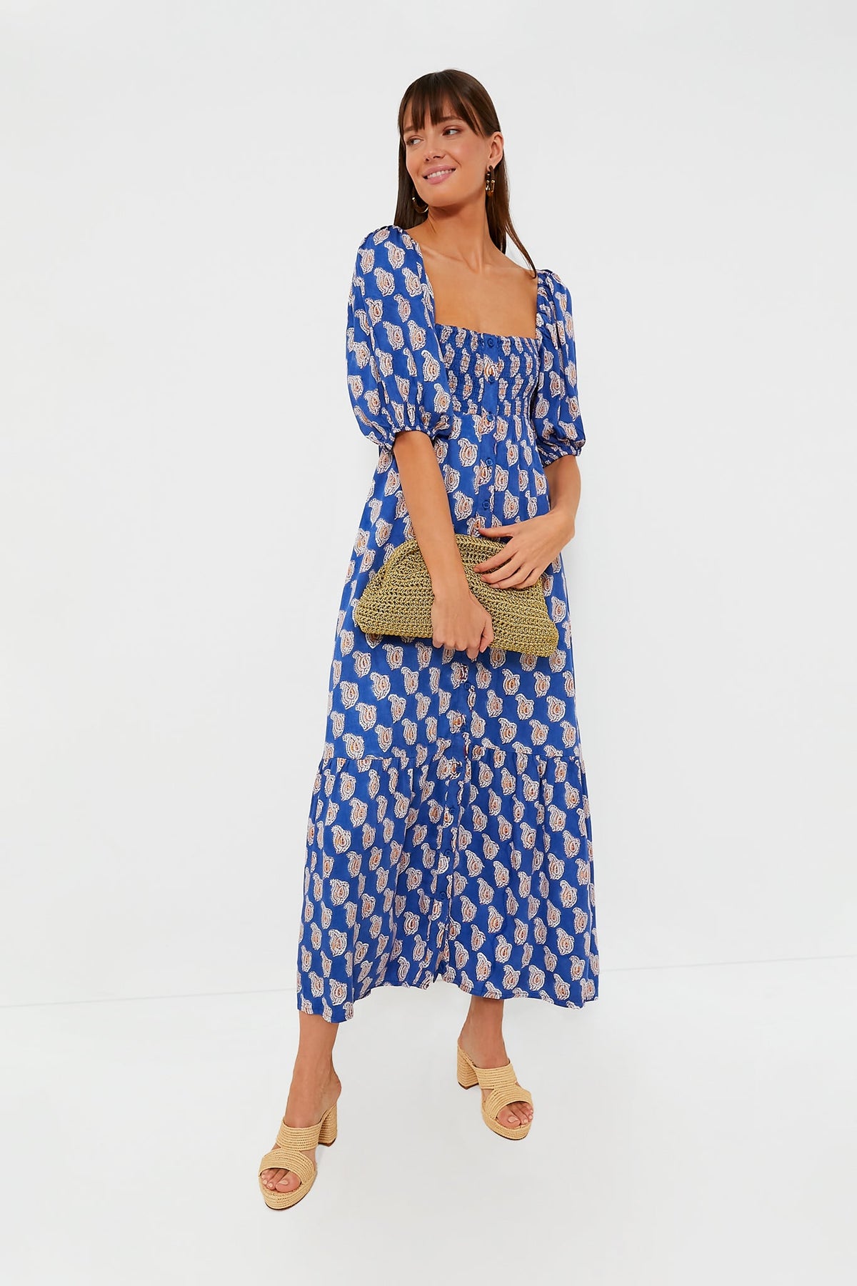 Blue Paisley Flower Satin Santiago Maxi Dress