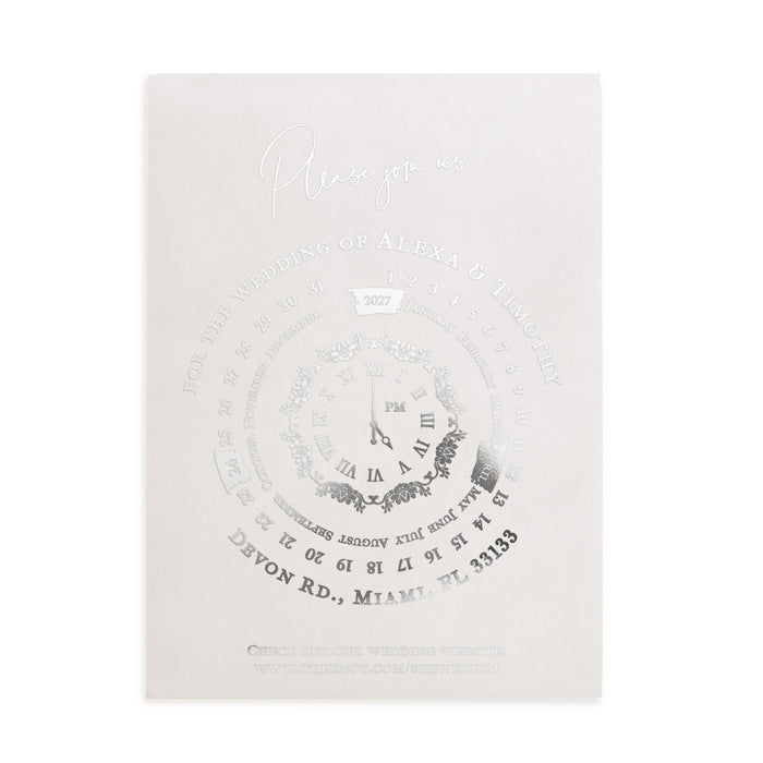 Modern vellum wedding invitation with silver foil circular design and fine calligraphy fonts for minimalist weddings – XOXOKristen