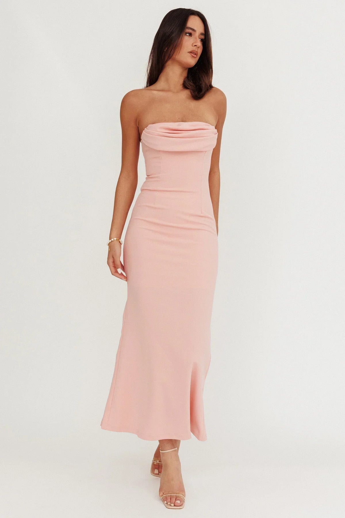 Well Versed Strapless Pleat Bust Maxi Dress Pink