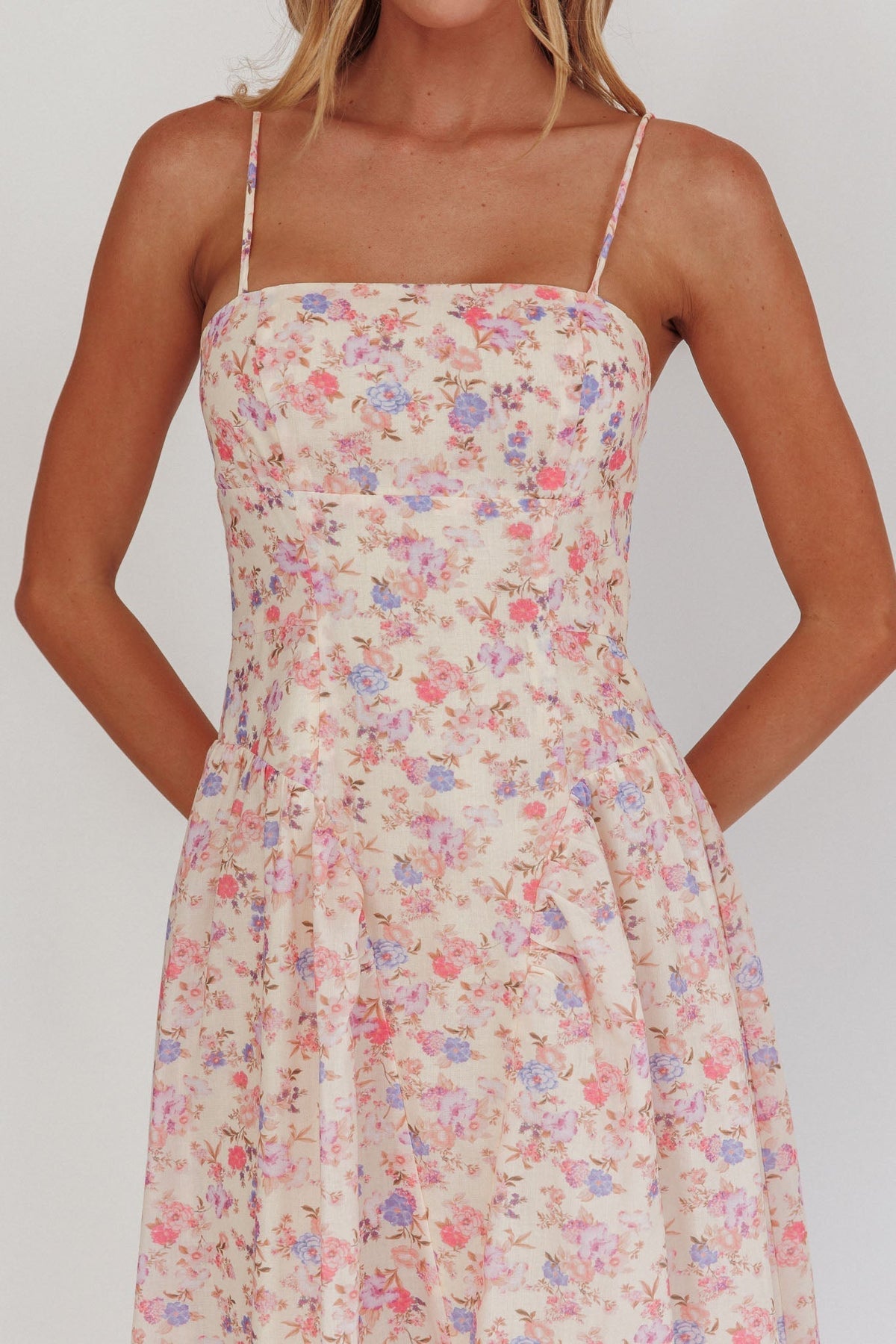 Daisy Day Basque Waist Maxi Dress Floral Blue