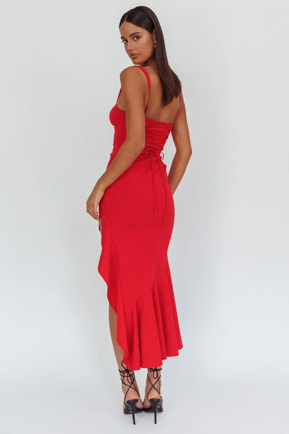 Delighted Asymmetric Hem Maxi Dress Red