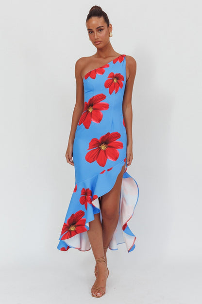 Lights On One-Shoulder Ruffle Hem Maxi Dress Floral Blue
