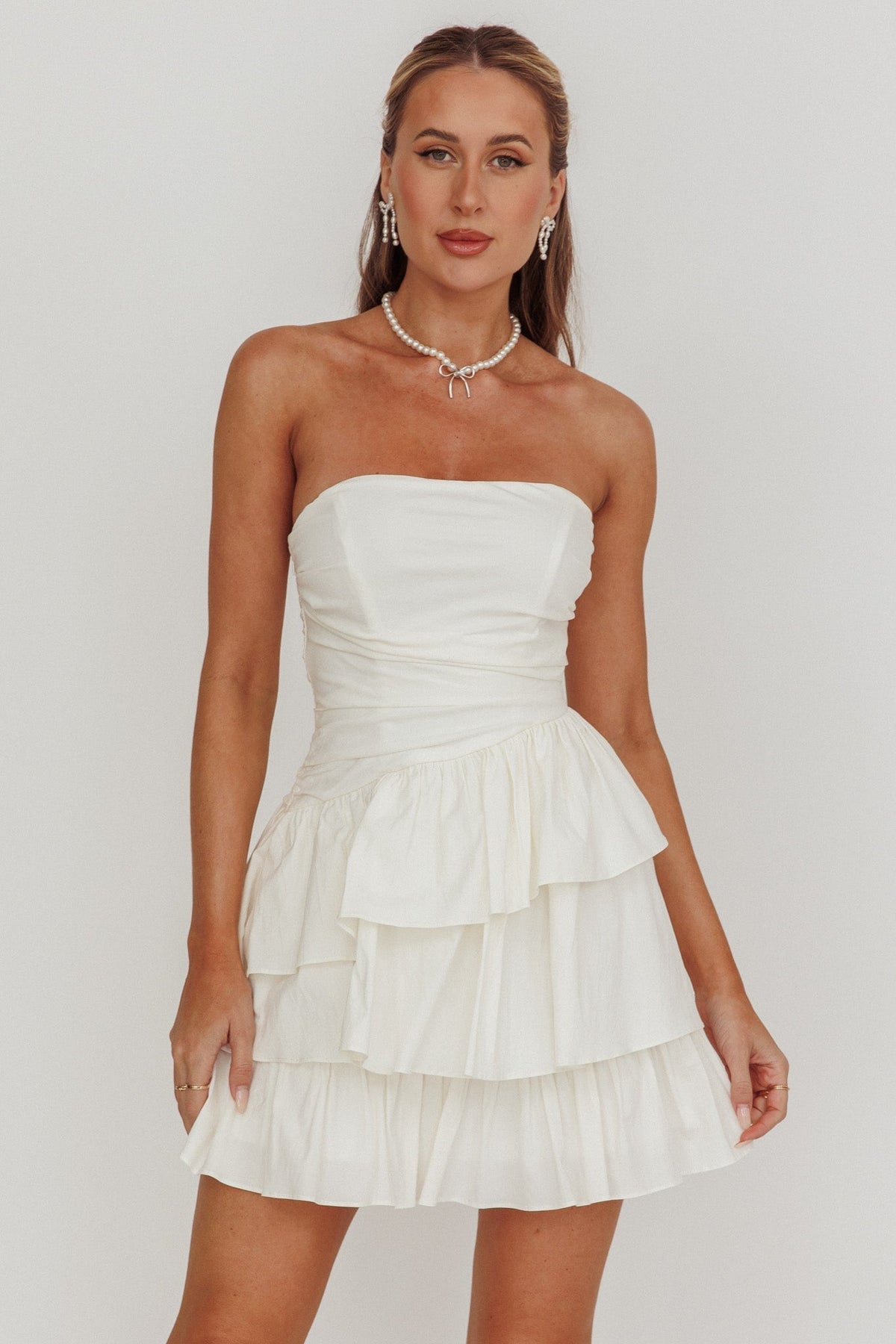 Destini Strapless Layered Frill Mini Dress Off White