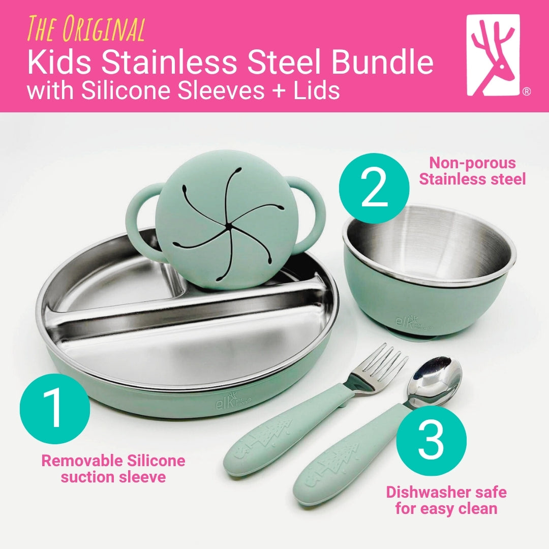 Stainless Steel Mealtime Bundle | Plates, Bowls, Snack Cups + Toddler Utensils | Suction Sleeves | Sage/MistyBlue