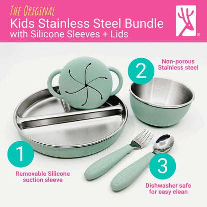 Stainless Steel Mealtime Bundle | Plates, Bowls, Snack Cups + Toddler Utensils | Suction Sleeves | Sage/MistyBlue