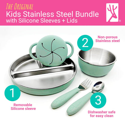 Stainless Steel Mealtime Bundle | Plates, Bowls, Snack Cups + Toddler Utensils | Normal Sleeves | Blush/Sage