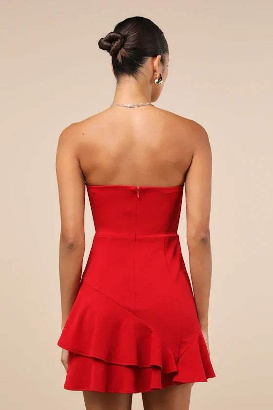 Sultry Intentions Red Strapless Ruffled Mini Dress