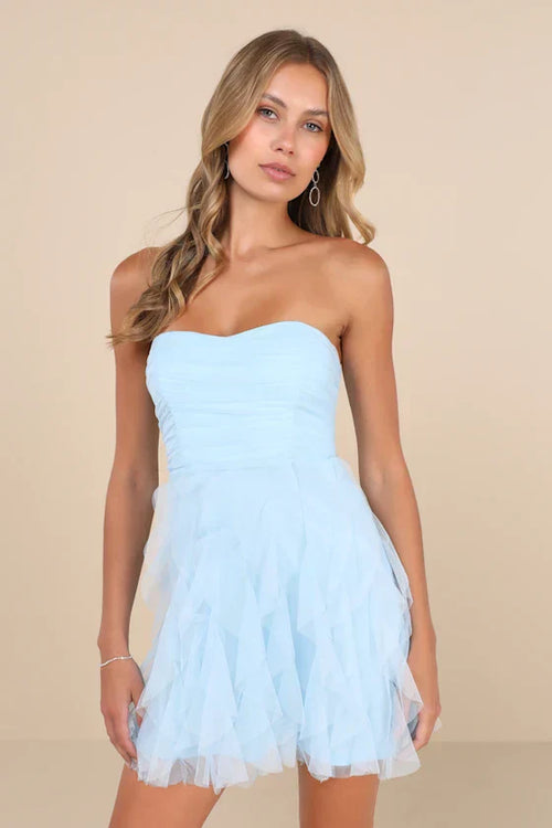 Delightful Beauty Light Blue Mesh Strapless Ruffled Mini Dress