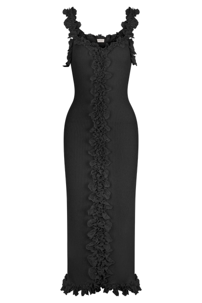 Shay Lace Ruffle Knit Midi Dress - Black