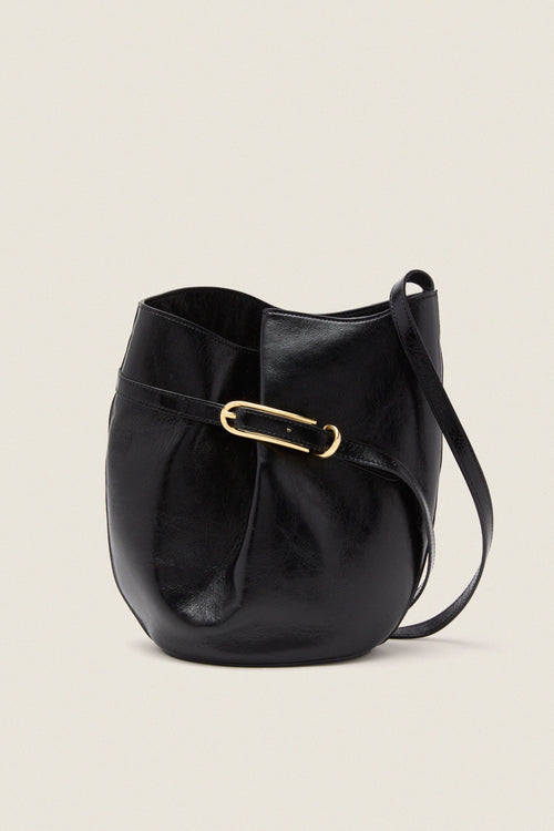 Black Glossy Belted Bucket Bag