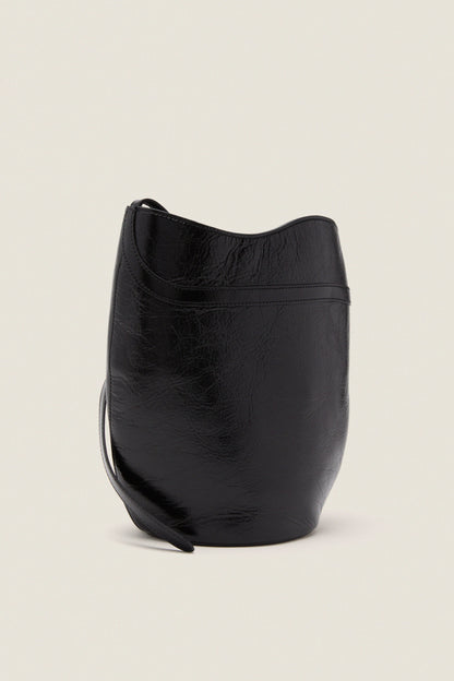 Black Glossy Belted Bucket Bag