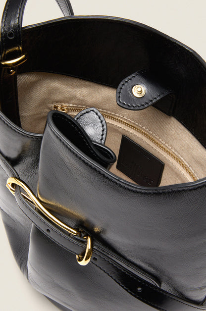Black Glossy Belted Bucket Bag