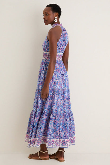 Blue with Pink Flowers Bella Halter Maxi Dress