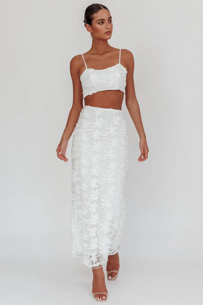Casi Palm Tree Embroidered Maxi Skirt White
