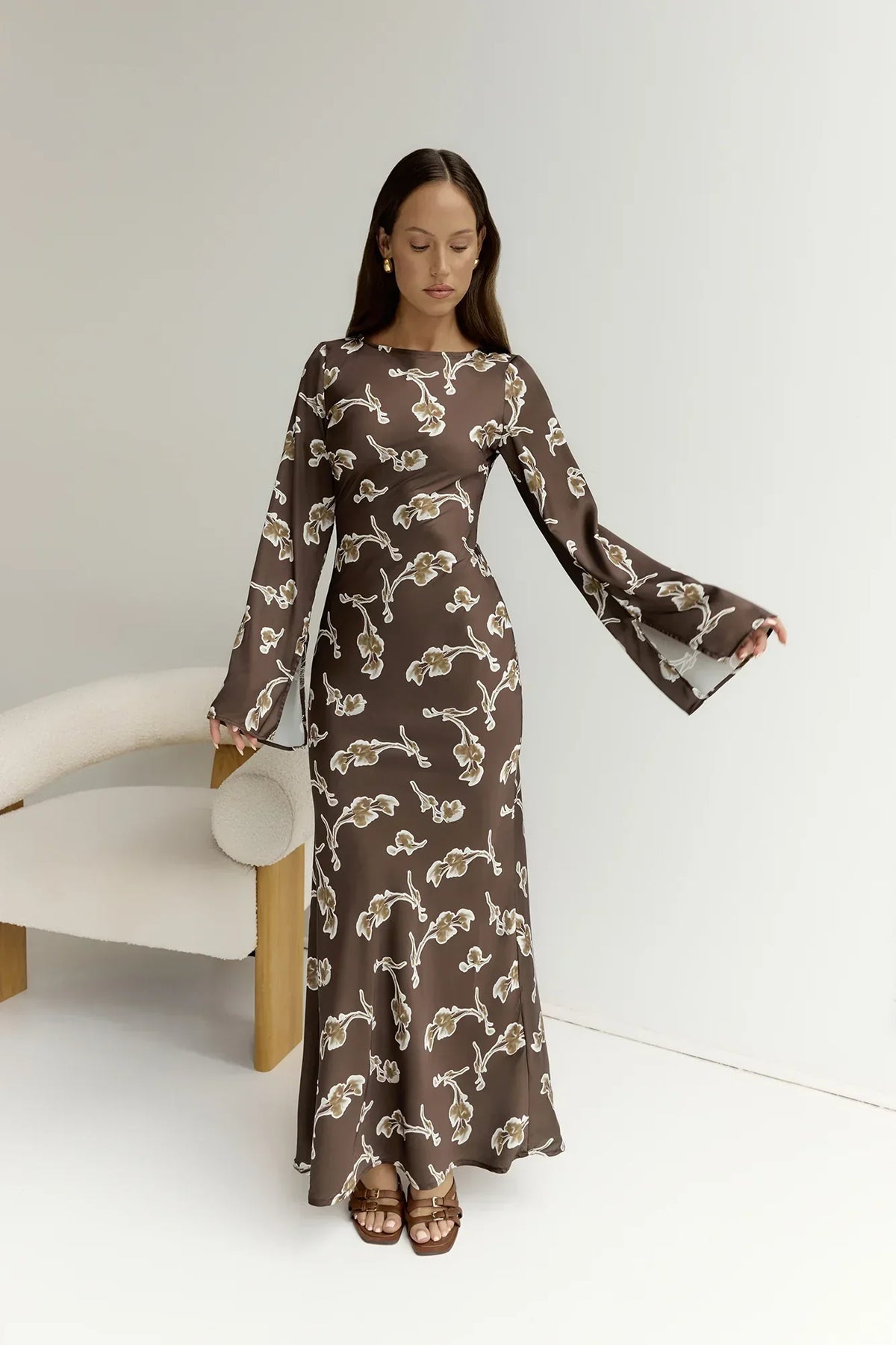 Angeline Long Sleeved Maxi Dress Brown