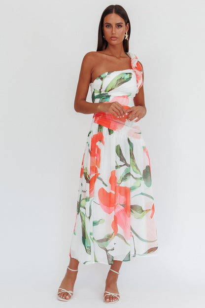 Kinley One-Shoulder Ruffle Maxi Dress Floral Red