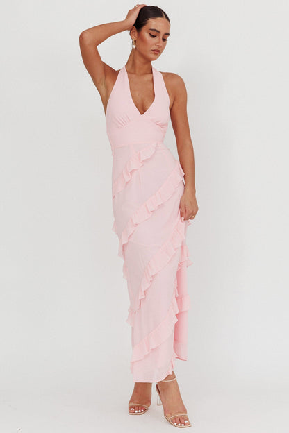 Flirt Frill Trim Halter Maxi Dress Blush