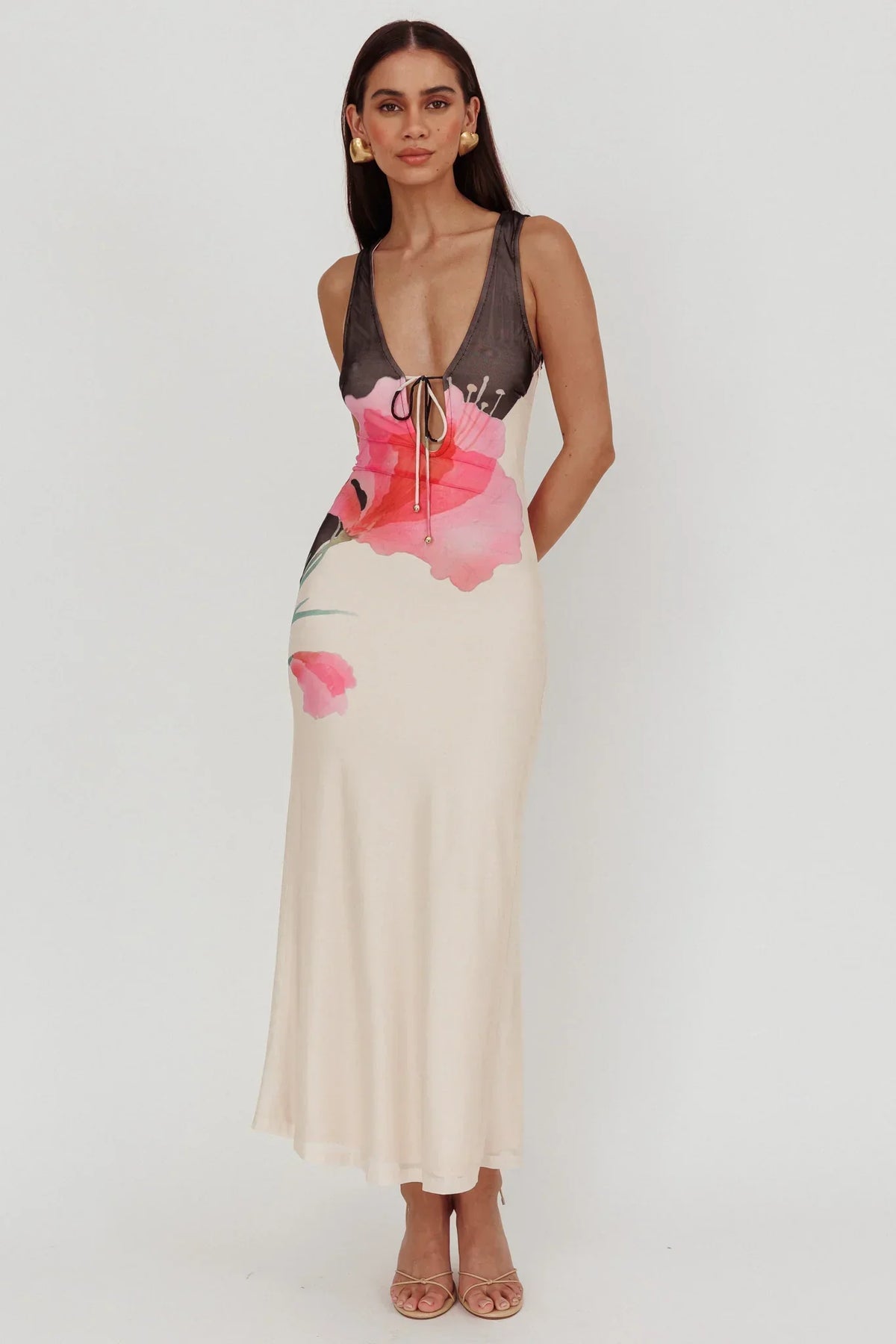 Cinders Tied Plunging Neckline Maxi Dress Flower Black