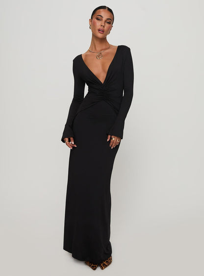 Lezure Plunge Long Sleeve Maxi Dress Black
