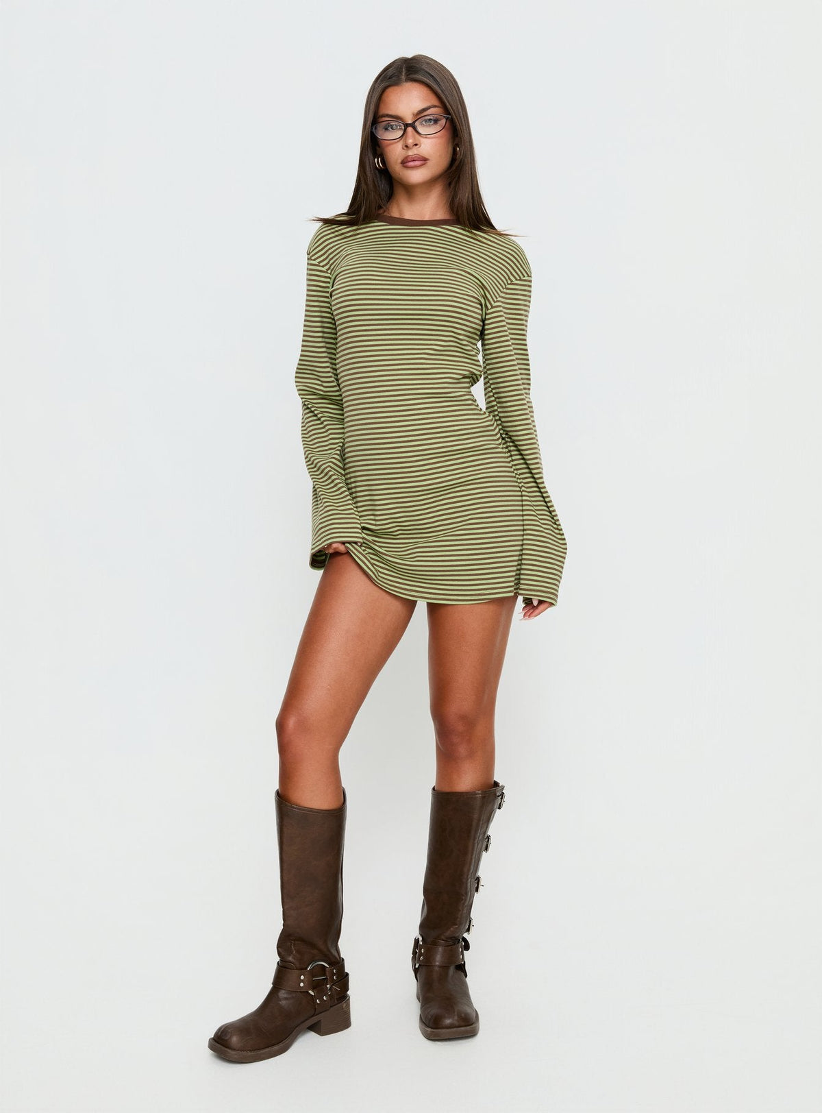Lulolah Long Sleeve Mini Dress Green / Chocolate Stripe