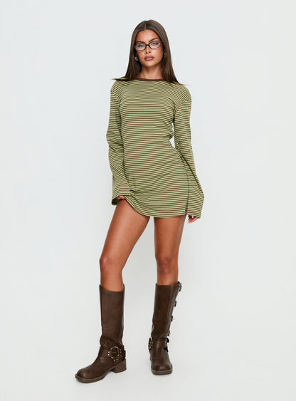 Lulolah Long Sleeve Mini Dress Green / Chocolate Stripe