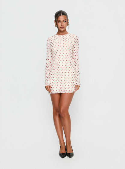 Nyxia Long Sleeve Mini Dress Cream / Red Polka
