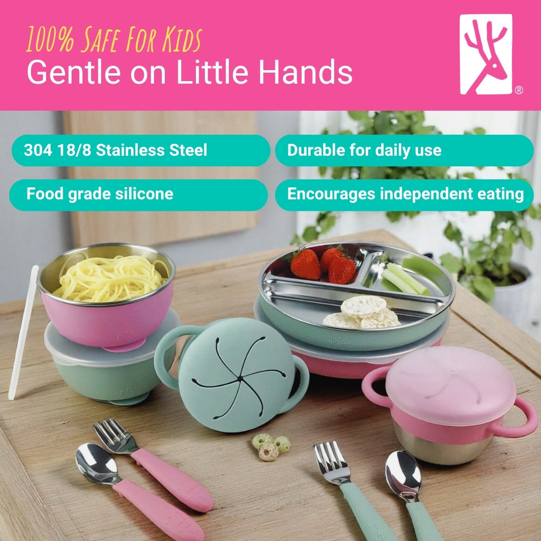 Stainless Steel Mealtime Bundle | Plates, Bowls, Snack Cups + Toddler Utensils | Suction Sleeves | Blush/Sage
