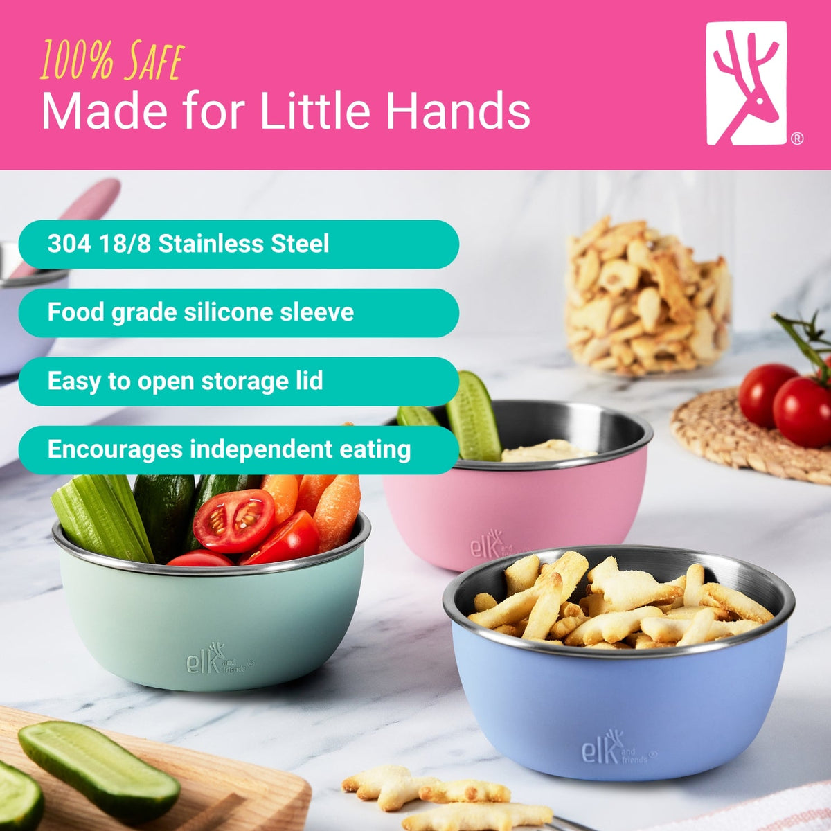Stainless Steel Bowl with Silicone Sleeve + Lids