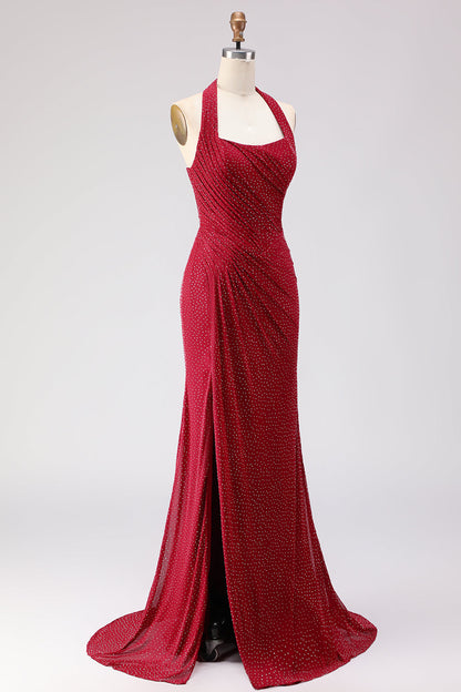 Sparkly Dark Red Beaded Mermaid Halter Long Prom Dress with Slit