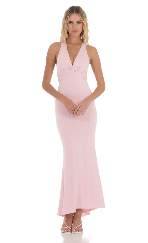Twist V-Neck Maxi Dress in Pink