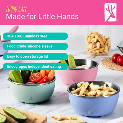 Stainless Steel Bowl with Silicone Suction Sleeve + Lids