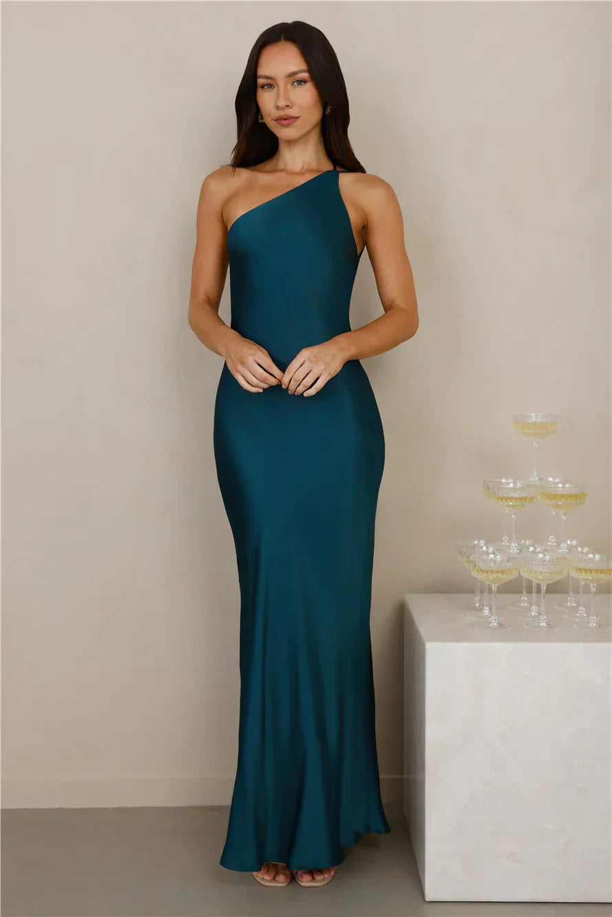 The Evangeline One Shoulder Satin Maxi Dress Teal
