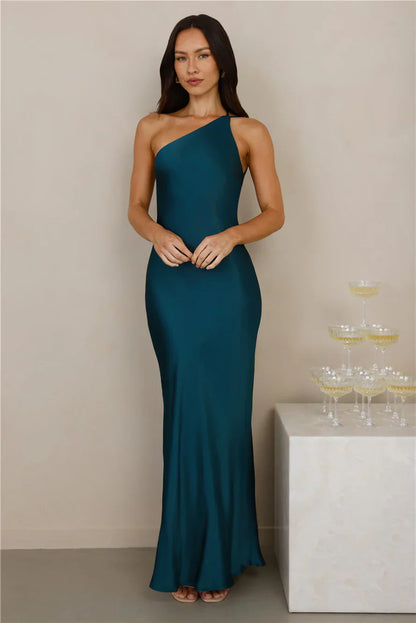 The Evangeline One Shoulder Satin Maxi Dress Teal