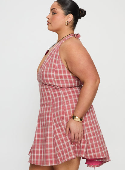 Out Of Nowhere Halter Mini Dress Red Check Curve