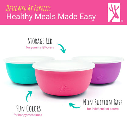 Stainless Steel Bowl with Silicone Sleeve + Lids