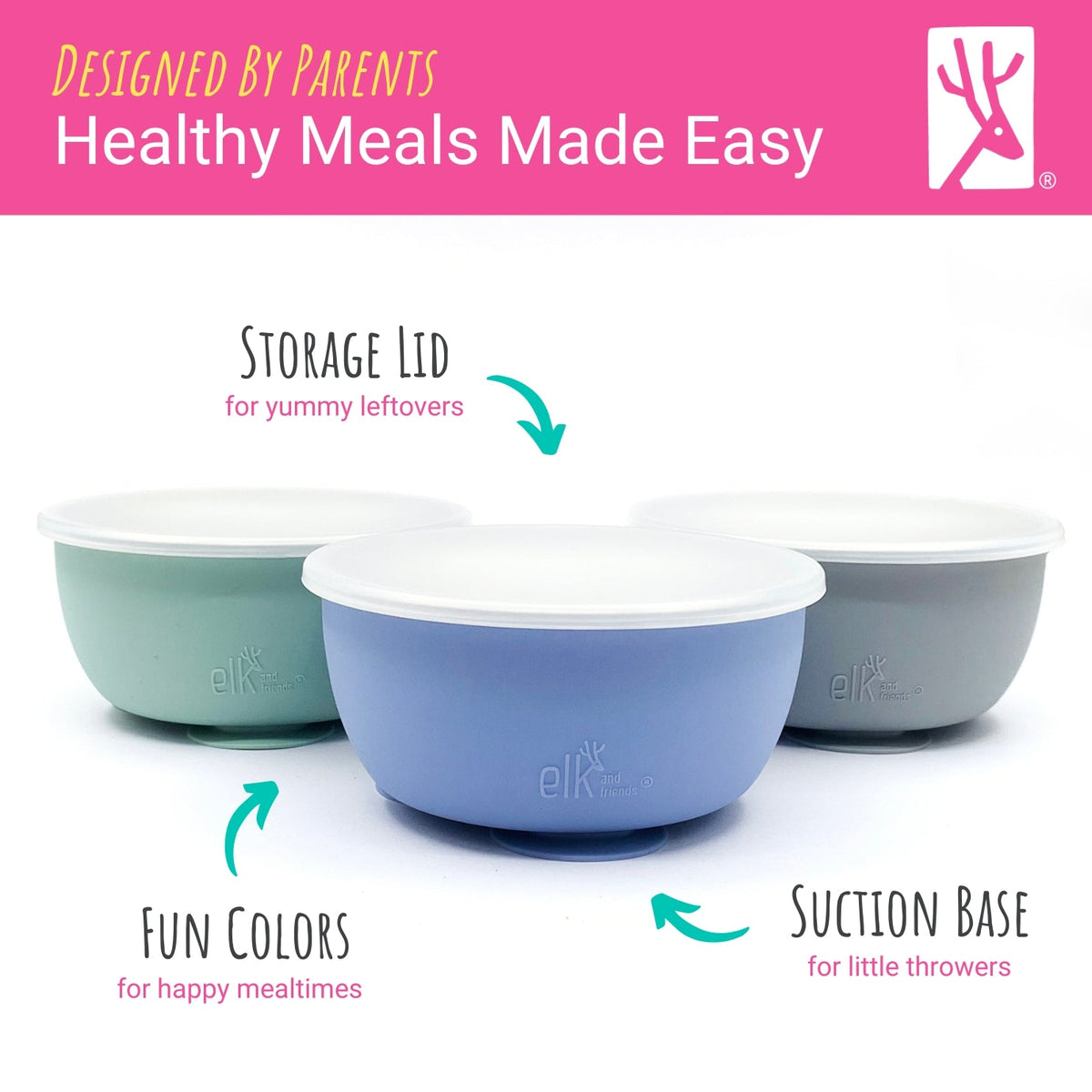 Stainless Steel Bowl with Silicone Suction Sleeve + Lids