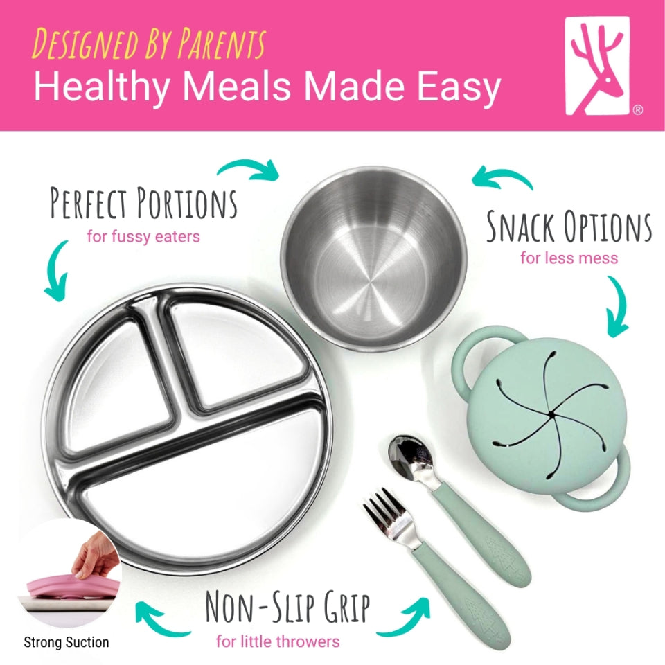 Stainless Steel Mealtime Bundle | Plates, Bowls, Snack Cups + Toddler Utensils | Suction Sleeves | Blush/Sage