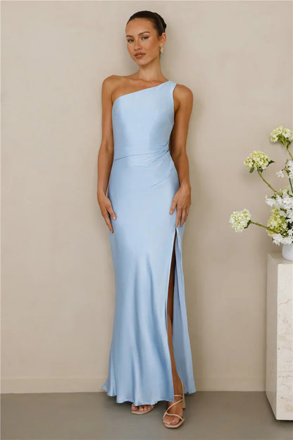 The Aurora One Shoulder Satin Maxi Dress Blue