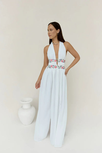 Maldives Garden Halter Maxi Dress White