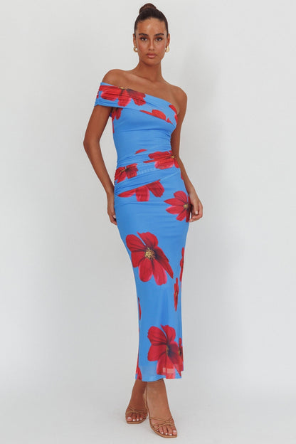 Gala One-Shoulder Maxi Dress Floral Blue