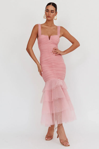 Nadia Tulle Hem Ruched Maxi Dress Pink