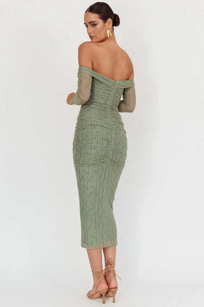 Oliana Off-Shoulder Mesh Maxi Dress Fern