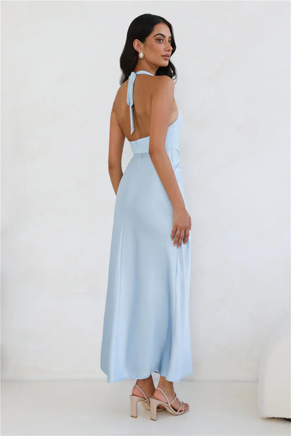 Dream Design Halter Satin Maxi Dress Blue