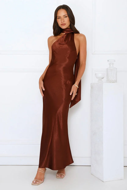 She’s Got Plans Satin Maxi Dress Brown