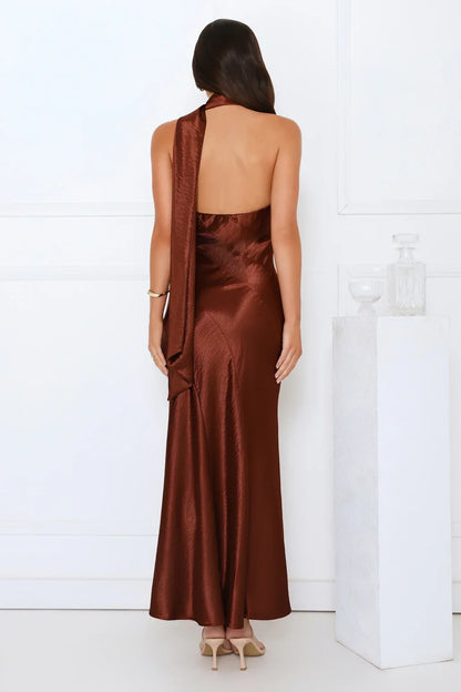 She’s Got Plans Satin Maxi Dress Brown