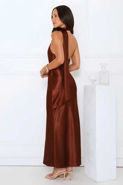 She’s Got Plans Satin Maxi Dress Brown